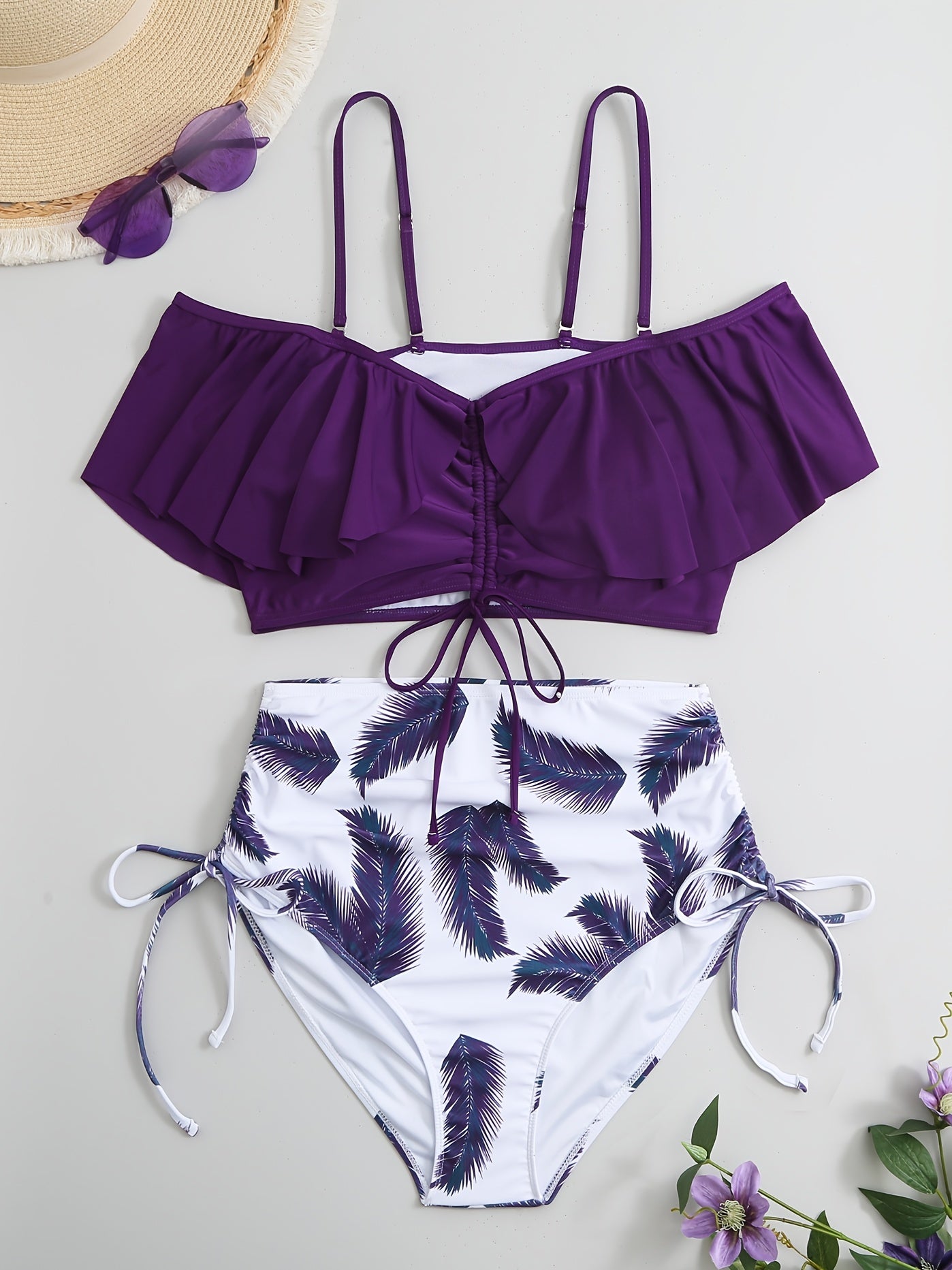 Feather Print Drawstring Layered Top Swimsuit Set