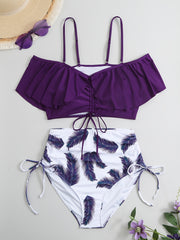 Feather Print Drawstring Layered Top Swimsuit Set