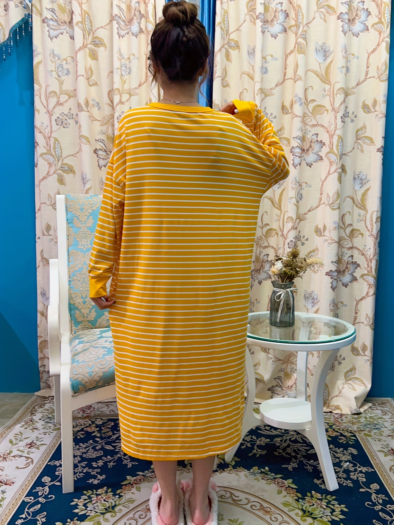 Cherry Print Lounge Dress Striped Home Dress Women's Loungewear
