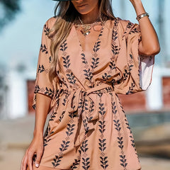 Geo Print Tie Waist Romper Short Sleeve Jumpsuit