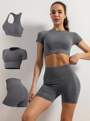 3pcs Solid Workout Yoga Set Racerback Crop Top & High Waist Sports Shorts