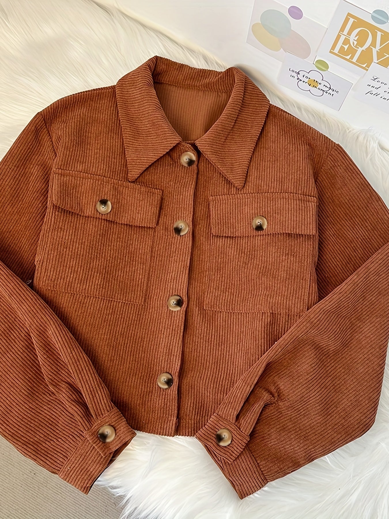 Corduroy Crop Jacket Long Sleeve Casual Fall Winter Women's Clothing