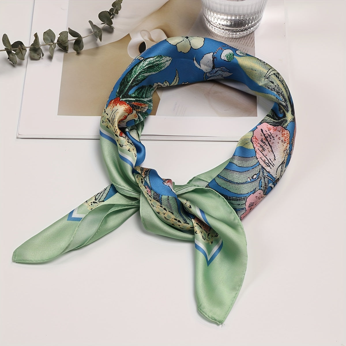 Flower Print Bandana & Green Satin Square Scarf Head Wraps for Women