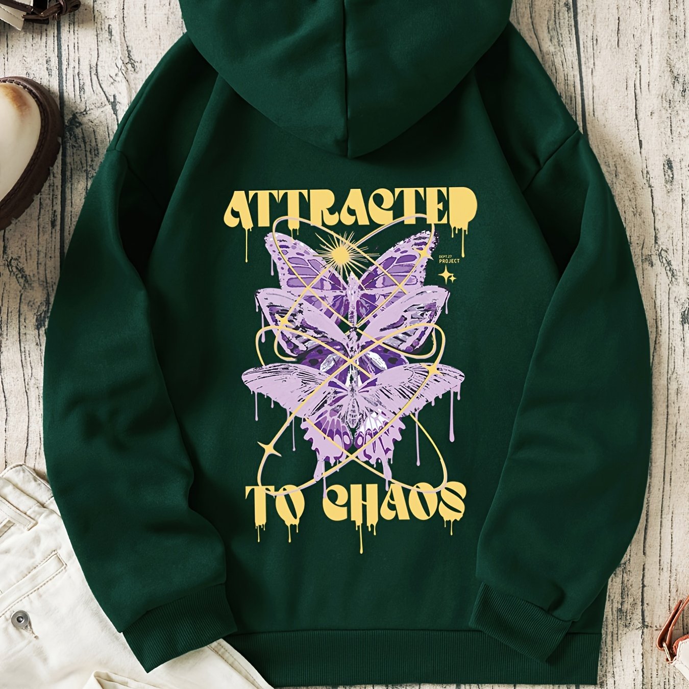 Purple Butterfly Drawstring Hooded Sweater