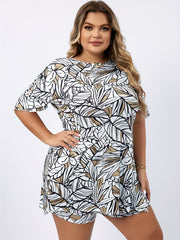 Leaf Print Lounge Set Short Sleeve Top & Shorts Pajama Two Piece