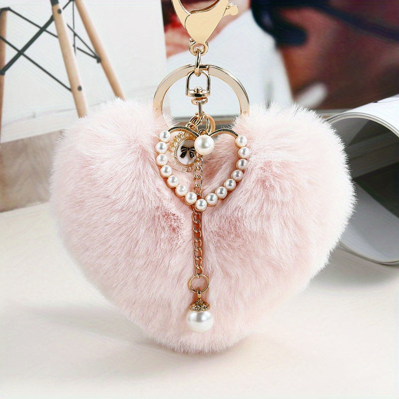 Peach Heart Fur Ball Keychain Pearl Keychain Car Accessories Plush Ornament