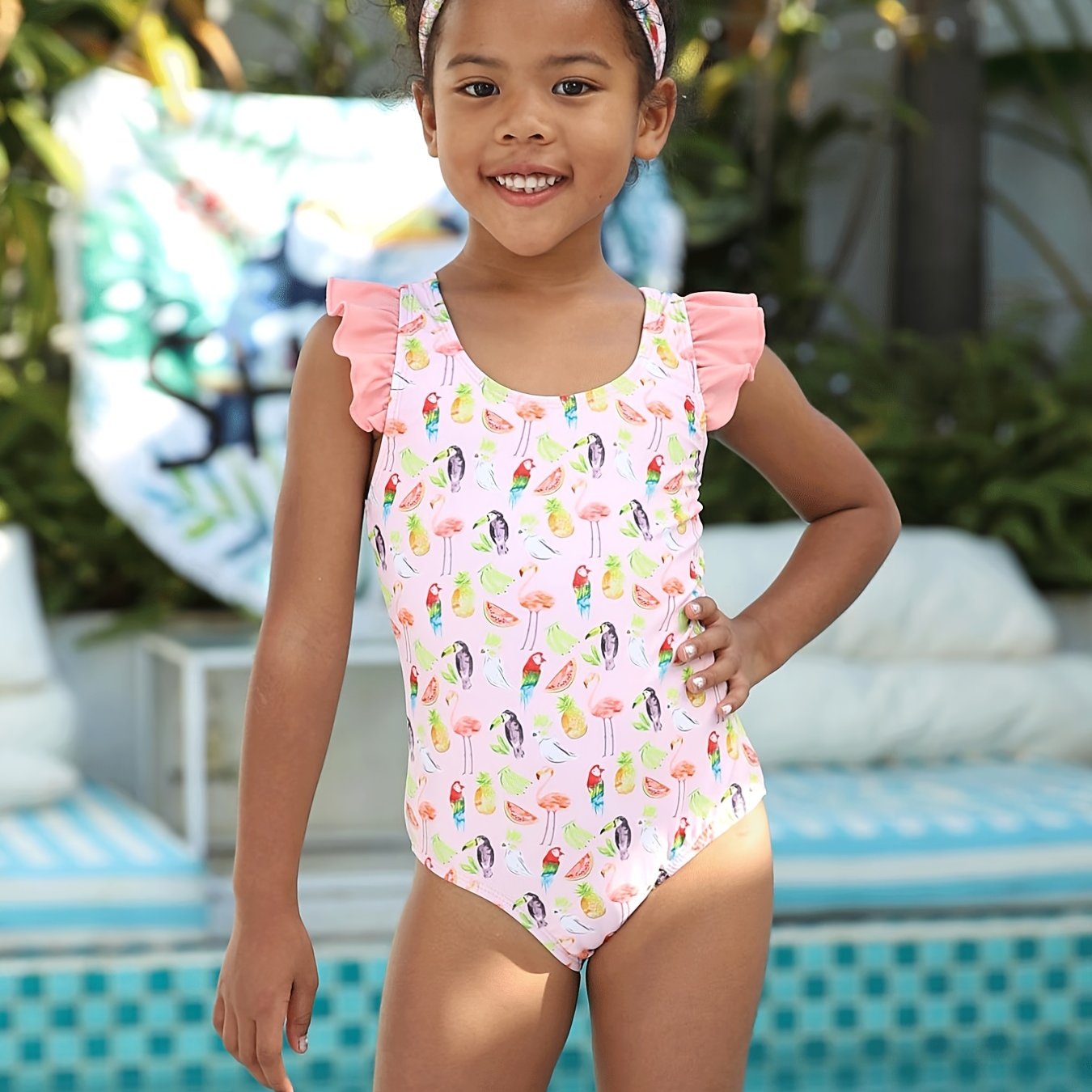 2pcs Toddler Girls Animal One Piece Swimsuit & Headband Set