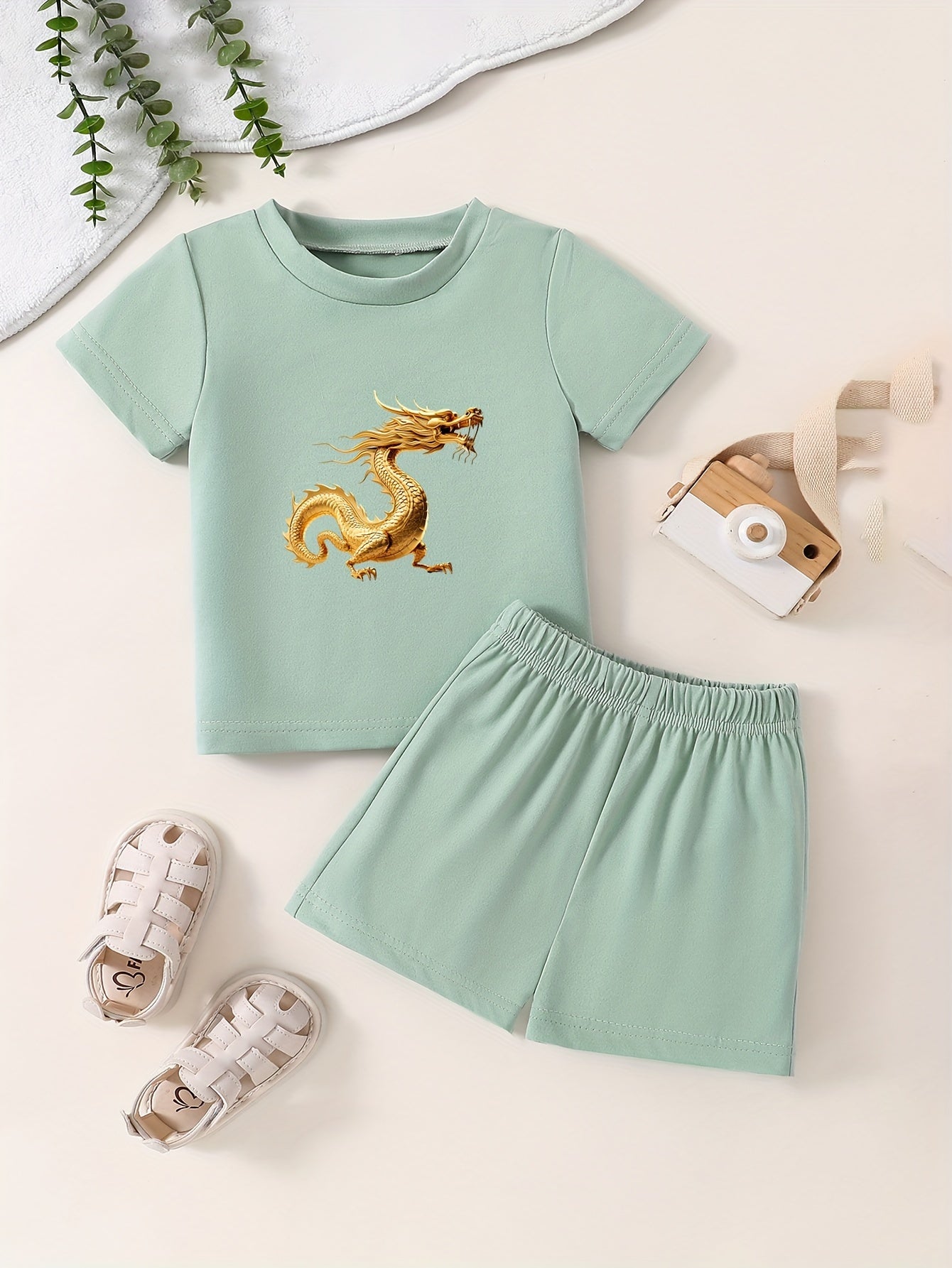 Toddler Dragon Cartoon Print T-shirt & Shorts Set