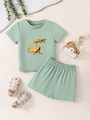 Toddler Dragon Cartoon Print T-shirt & Shorts Set