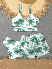 Girls 3pcs Split Bikini Swimsuit Tropical Leaf Pattern Casual Vacation Swimwear