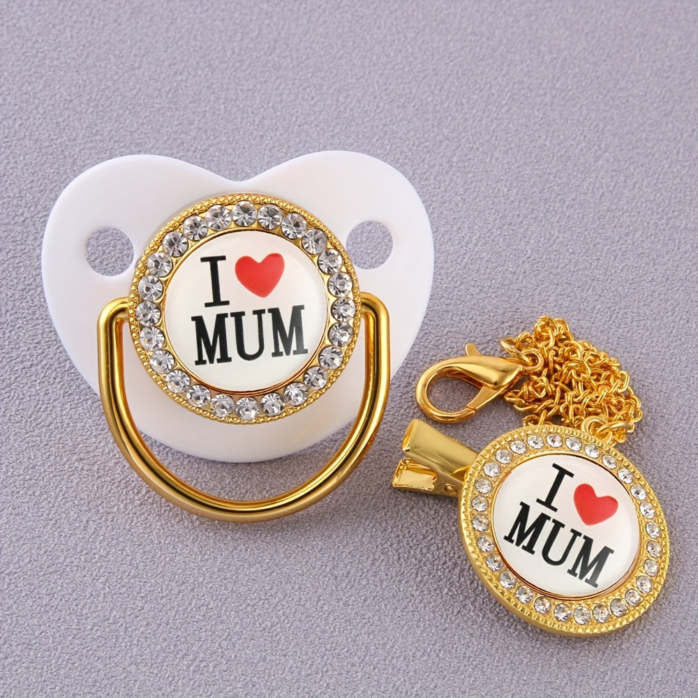Artificial Diamond I Love Mom Pacifier Chain Clip