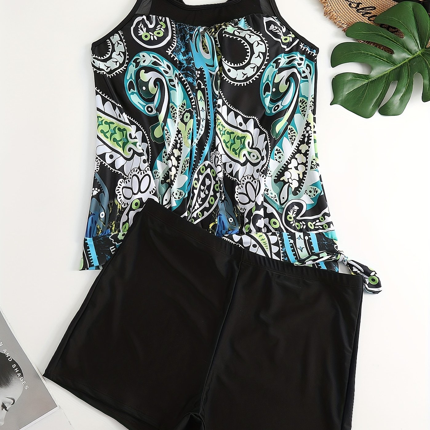 Paisley Print Mesh Tank Top & Shorts Swimsuit Set