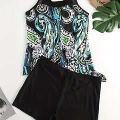 Paisley Print Mesh Tank Top & Shorts Swimsuit Set