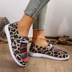 Women's Stripe & Leopard Print Boat Shoes Lace Up Walking Shoes