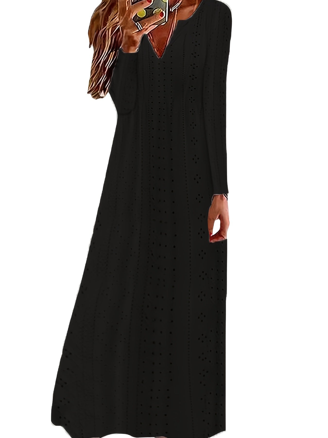 Embroidered Long Sleeve Notched Neck Dress