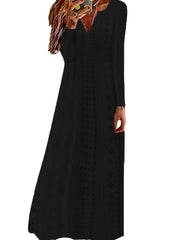 Embroidered Long Sleeve Notched Neck Dress