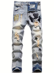 Embroidery Star Pattern Letter Print Slim Fit Ripped Jeans Men's