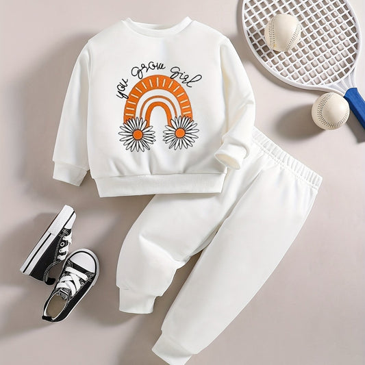 Baby Girl Rainbow Flower Letter Print Sweatshirt Trousers Set