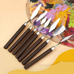 7pcs Stainless Steel Mixing Scrapers Art Spatula Wood Handle Watercolor Painting