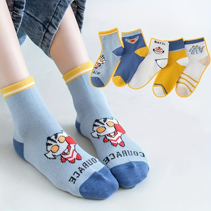 5 Pairs Kids Cartoon Print Crew Socks for All Seasons
