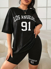 Letter Print Lounge Set Crew Neck Top & Elastic Waistband Shorts