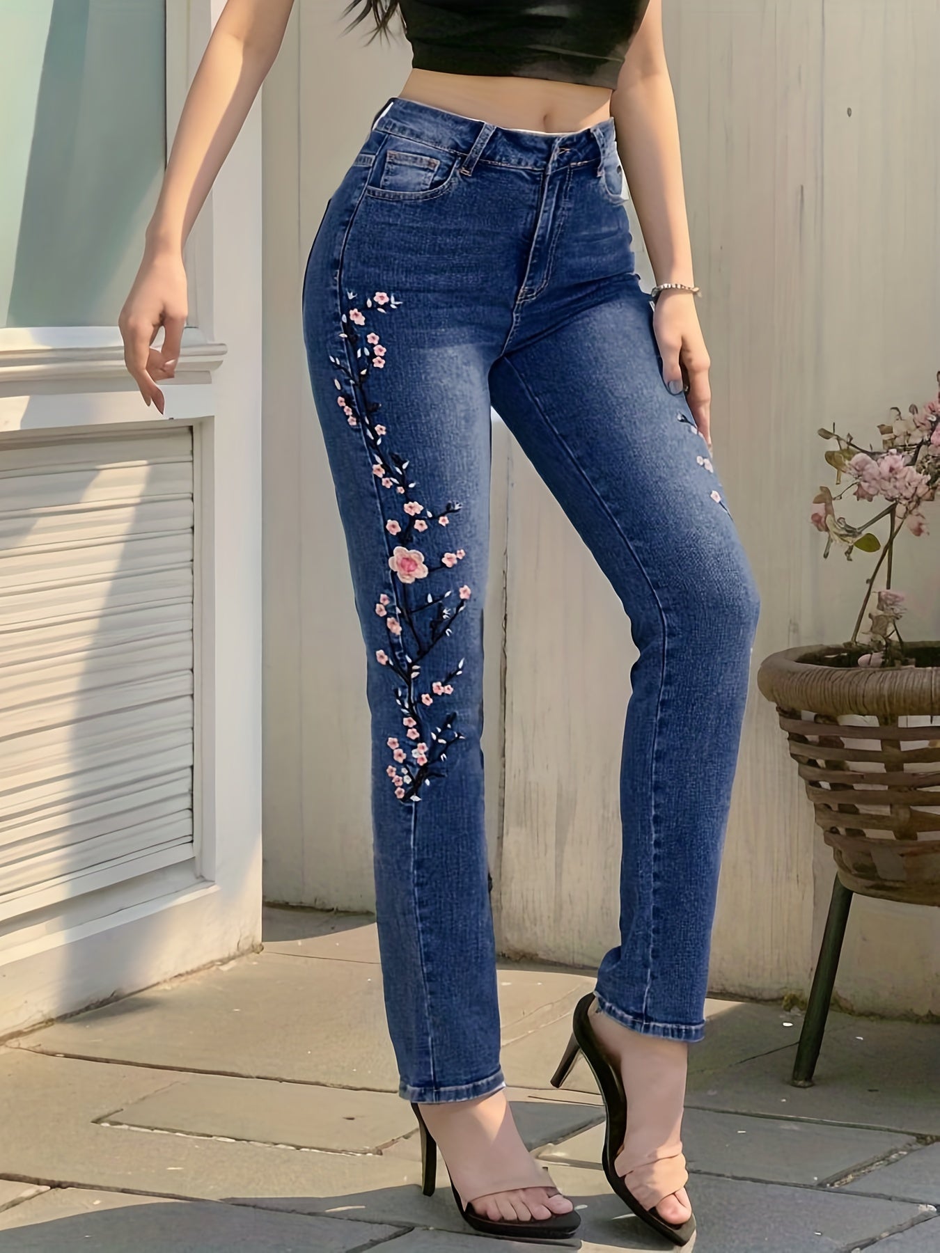 Floral Embroidered Skinny Jeans High Stretch Slim Fit Denim Pants