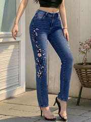 Floral Embroidered Skinny Jeans High Stretch Slim Fit Denim Pants