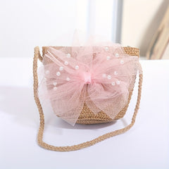 Bow Decor Zipper Coin Purse Key Bag Straw Woven Crossbody Bag