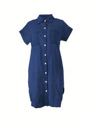Solid Lapel Denim Dress Short Sleeves Single Breasted Button Denim Dress