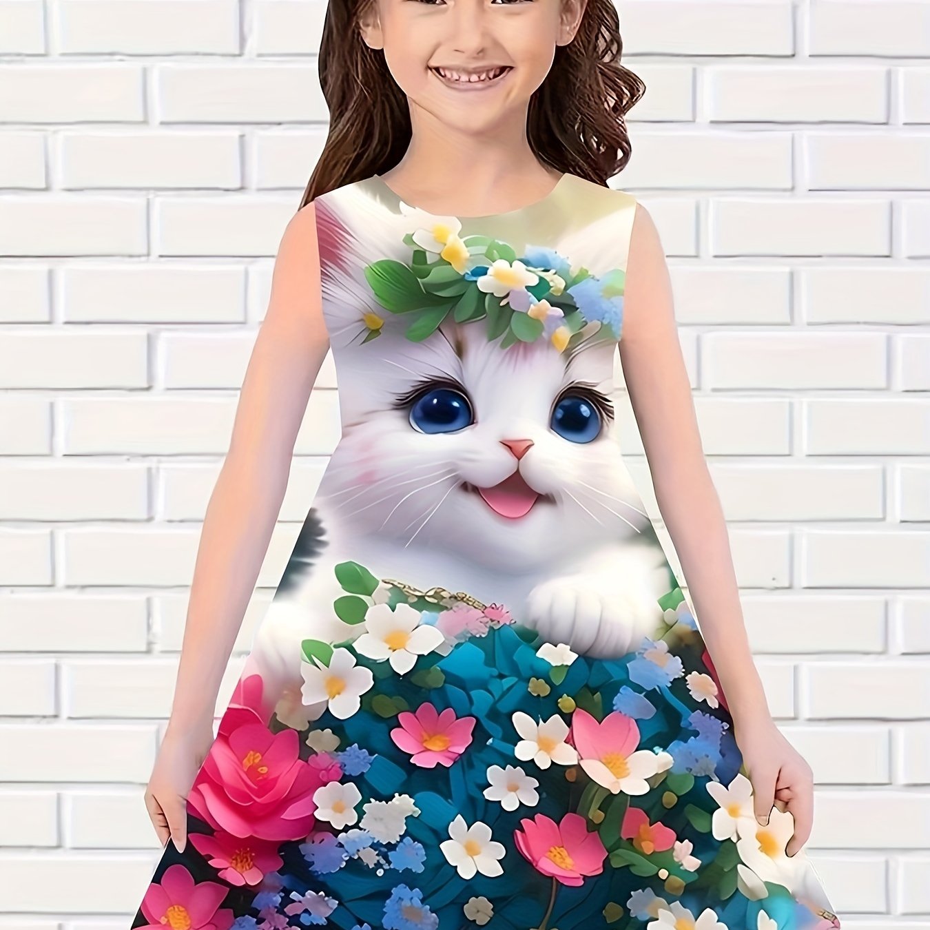 Girls Kitty & Flower Sleeveless Dress Comfy Summer Outdoor