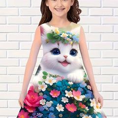 Girls Kitty & Flower Sleeveless Dress Comfy Summer Outdoor