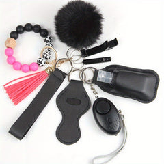 9Pcs Safety Keychain Set Women Alarm Silicone Bracelet Tassel Pompom