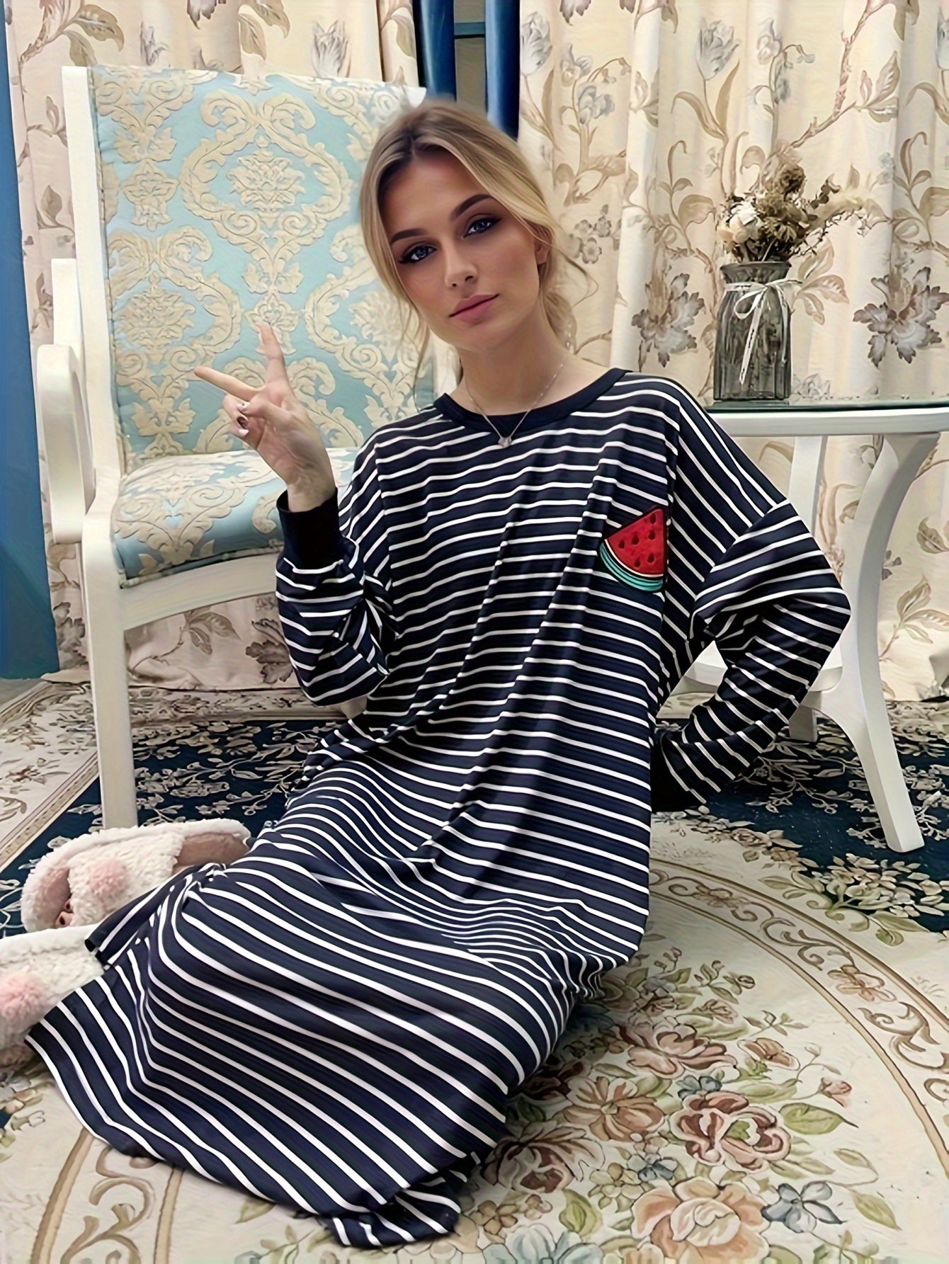 Watermelon Print Lounge Dress Long Sleeve Striped Home Dress