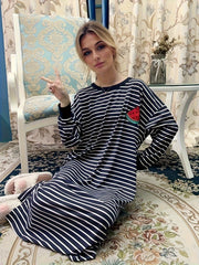 Watermelon Print Lounge Dress Long Sleeve Striped Home Dress