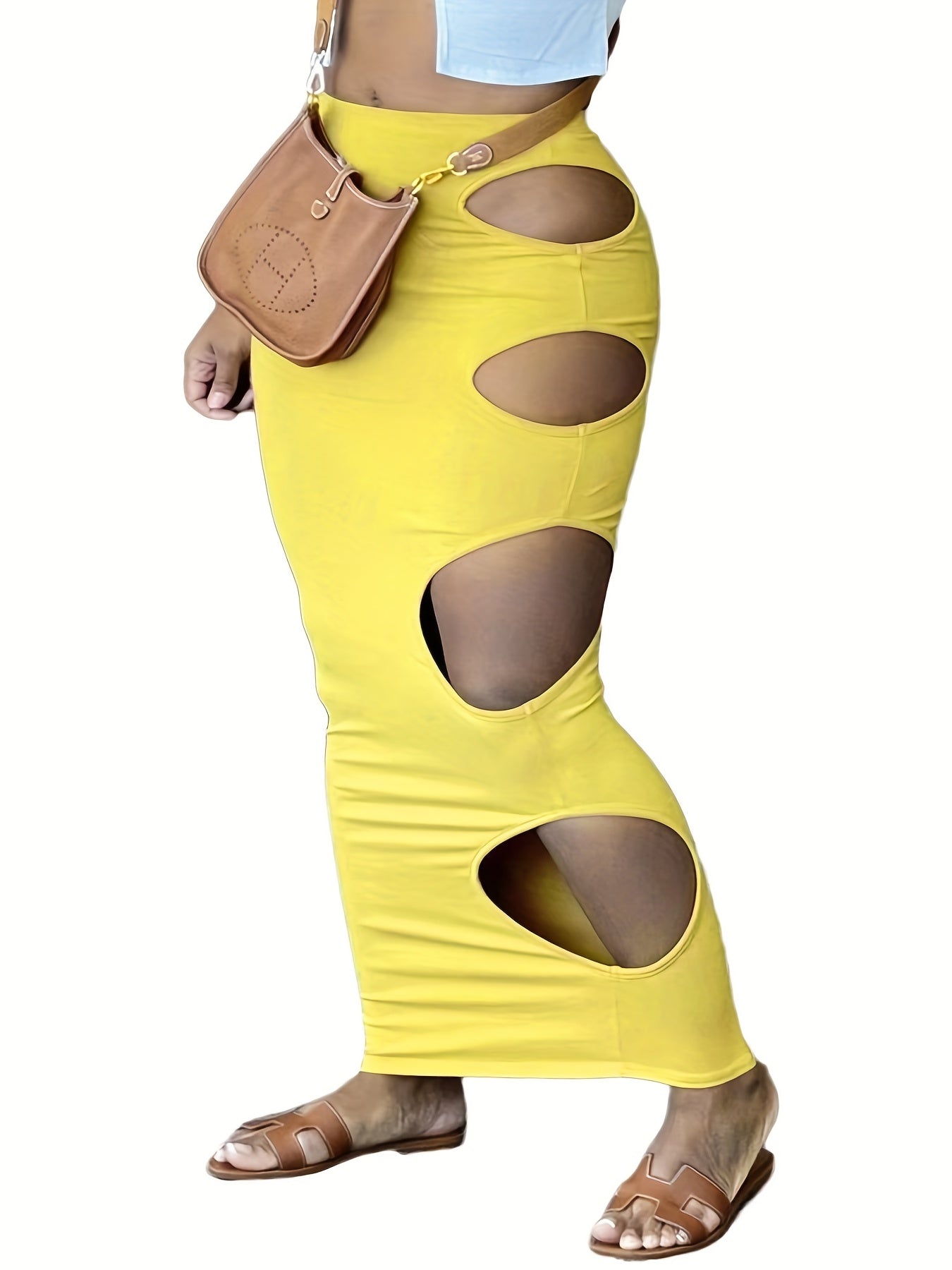 Sexy Skirt Women's Plus Solid Side Cut Out Elastic Bodycon Pencil Skir