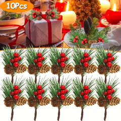 10pcs Christmas Red Berry Picks Holly Branches Pine Needle DIY Decoration