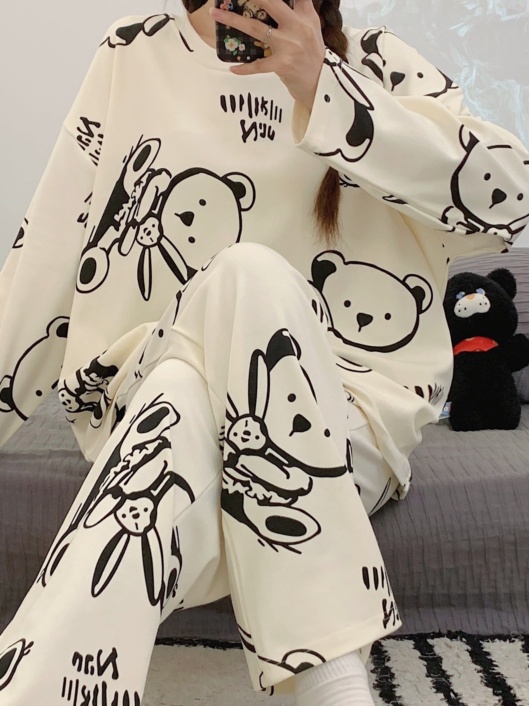 Bear Print Pajama Set Long Sleeve Top & Pants Women's Sleepwear