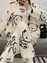 Bear Print Pajama Set Long Sleeve Top & Pants Women's Sleepwear