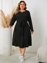 Solid Jacquard Long Sleeve Midi Dress With Belt