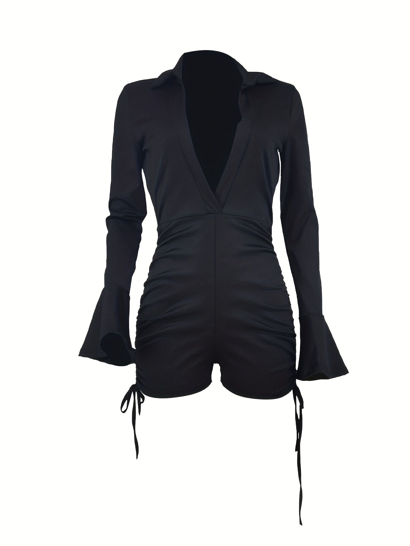 Plunging Ruched Jumpsuit Sexy Long Sleeve Short Length Drawstring