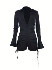 Plunging Ruched Jumpsuit Sexy Long Sleeve Short Length Drawstring