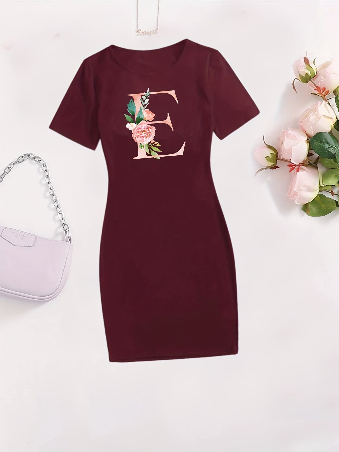 E Print Tee Dress Short Sleeve Crew Neck Casual Dress