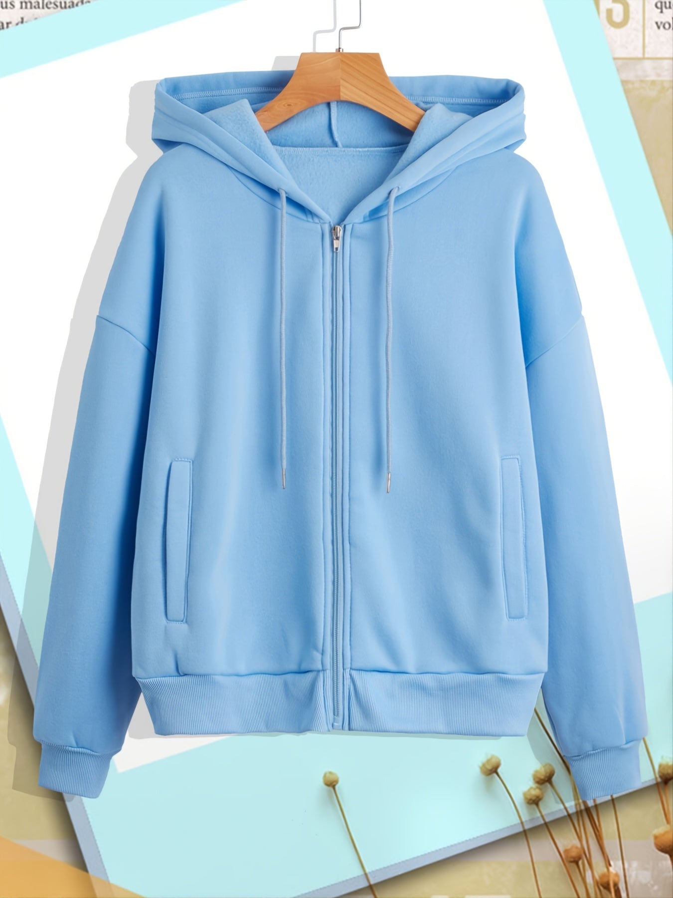 Solid Zip Up Hoodie With Pocket Drawstring Long Sleeves Active Hooded Sweatshirt