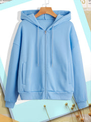 Solid Zip Up Hoodie With Pocket Drawstring Long Sleeves Active Hooded Sweatshirt
