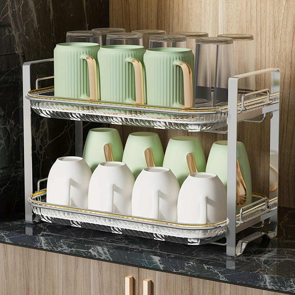 Plastic Double Layer Storage Rack for Kitchen Desktop Water Cup Food Seasoning