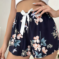 Floral Print Sleep Bottoms Bow Elastic Waistband Shorts Women's Sleepwear
