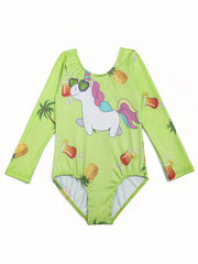 Girls Pony Graphic Print Long Sleeve Gymnastics Leotard