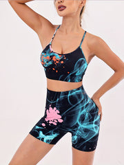 Graffiti Workout Suit: Cami Top & Hip Lifting Shorts for Fitness and Yoga