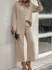 Women's Plus Print Long Sleeve Button Up Shirt & Pants Set