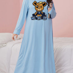 Nightdress Teddy Bear & Dice Print Long Sleeve Round Neck
